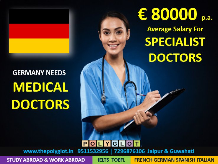 Germany needs doctors. 
Specialist doctors earn around EUR 80000 p.a.
#polyglotjobsabroad #polyglotielts 
#polyglotforeignlanguages #polyglotjobs #polyglotimmigration 
#jobseeker #jobseekervisa #jobseekersingermany #jobseekers #medicaldoctor #medicine #doctor #doctorsingermany