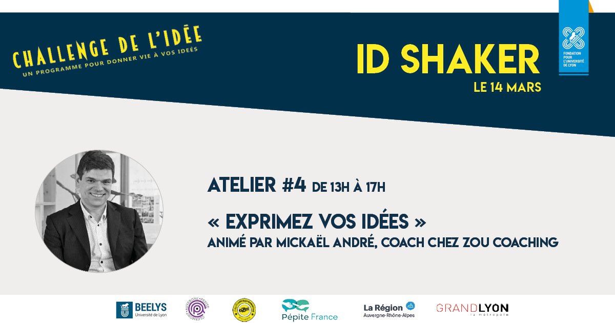 #Atelier4 🧐

Cet atelier permet de structurer un pitch original et impactant en proposant de se décentrer de sa performance d’orateur pour se focaliser sur la réception du message

Inscription : bit.ly/2VBx1XH
📅 14/04 9h à 19h30
📍 Maison des Étudiants de Lyon