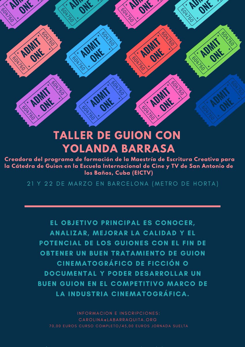 Os recomendamos un taller de guión con una especialista internacional en análisis y escritura. Profesora en la ICTV de Cuba. 21 y 22 de Marzo en Barcelona.
