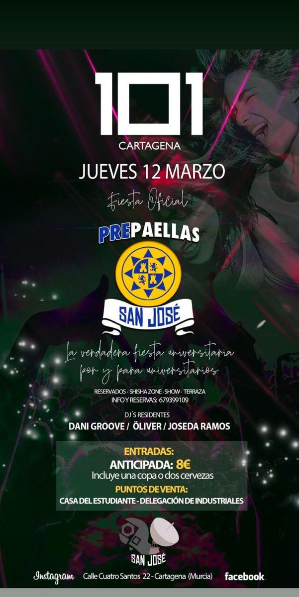 SanJoseUPCT's tweet photo. Este jueves 12 os traemos la verdadera fiesta universitaria por y para universitarios.
Ven con nosotros a 101 Cartagena, compra tu entrada por 8€ en la @DEETSII_UPCT o en la @casadestupct https://t.co/8XetKbEJt1
