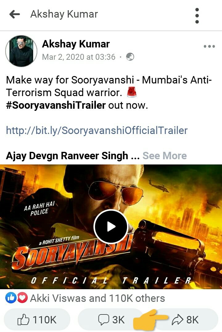 #SooryavanshiTrailer Shares on Facebook

Cameos >>> Lead Role 😂

Stardom Kidhar hai ?@akshaykumar 😂😂

#Sooryavanshi