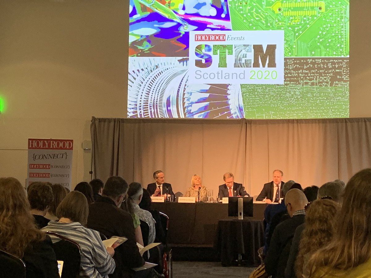LantraScotland's tweet photo. First Leadership panel of the day, with a focus on excellence implementing and delivering the STEM Strategy in Scotland - Carrie Lindsay @FifeCouncil, Grant Ritchie @dundee_angus, Dr Paul Thomson @JordanhillSch, chaired by Neil McLennan @aberdeenuni #STEMScotland2020 https://t.co/ZSmiLL6wYD