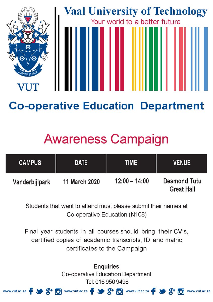 VUT_Cooperative's tweet photo. Reminder please dont forget to attend Awareness campaign  taking place tomorrow 11 March 2020 at Desmond Tutu great hall,from 12:OO-14:00.Bring along your updated documents your attendance will be highly appreciated https://t.co/r2bACYciXk