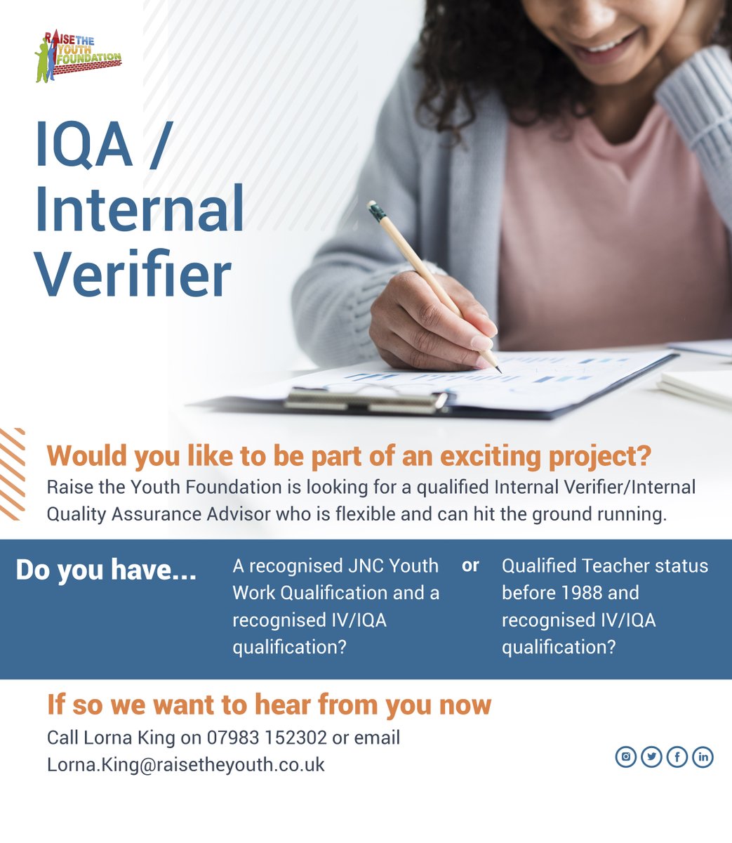 raisetheyouth's tweet photo. Would you like to be part of an exciting project?
Raise the Youth Foundation is looking for a qualified Internal Verifier/Internal Quality Assurance Advisor who is flexible and can hit the ground running.
#RaiseTheYouth #JobVacancy #internalverifier #manchesterjobs #boltonjobs https://t.co/yTodQZWQQd