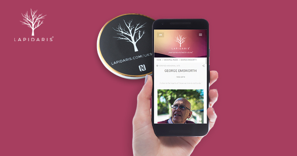 The Lapidaris Stone can be attached to a gravestone. Each stone is connected to
a memorial website, featuring messages, photos and videos. Websites can be accessed by scanning the stone with a smart phone. For more details please visit lapidaris.com/uk