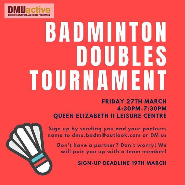 DMUactive's tweet photo. 🏐 | #DMUactive &amp; @DMUBadminton have teamed up to run a badminton doubles tournament for all @dmuleicester students🙌

🗓️ 27th of March
⏰ 16:30 - 19:30
📍 QEII (@DMUleisure) 
🎟️Free

📌 Sign up now by emailing dmu.badm@outlook.com 📌

#HealthyDMU https://t.co/yjXC1YAGIh