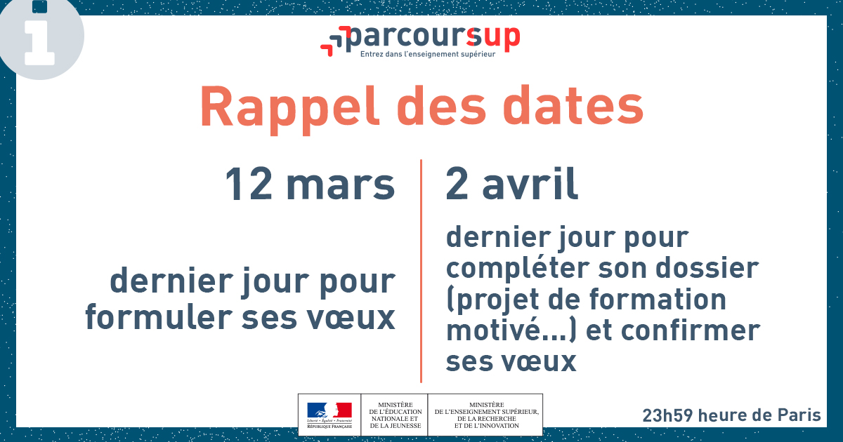 education_gouv's tweet photo. #MardiConseil 
🗓️ Rappel calendrier : vous avez jusqu'au 12 mars (23h59 heure de Paris) pour formuler vos vœux. 

✒️ Pour compléter ou modifier votre dossier et confirmer vos vœux vous avez jusqu'au 2 avril. 

👉 Toutes les précisions ici : https://t.co/HwbuOdlX84 https://t.co/dR0YbfDqwd