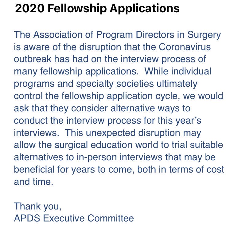 APDSurgery's tweet photo. Statement on alternatives to in-person interviews during #COVID19 outbreak. Please discuss with your department leadership and fellowship directors. https://t.co/7iu4494A3j