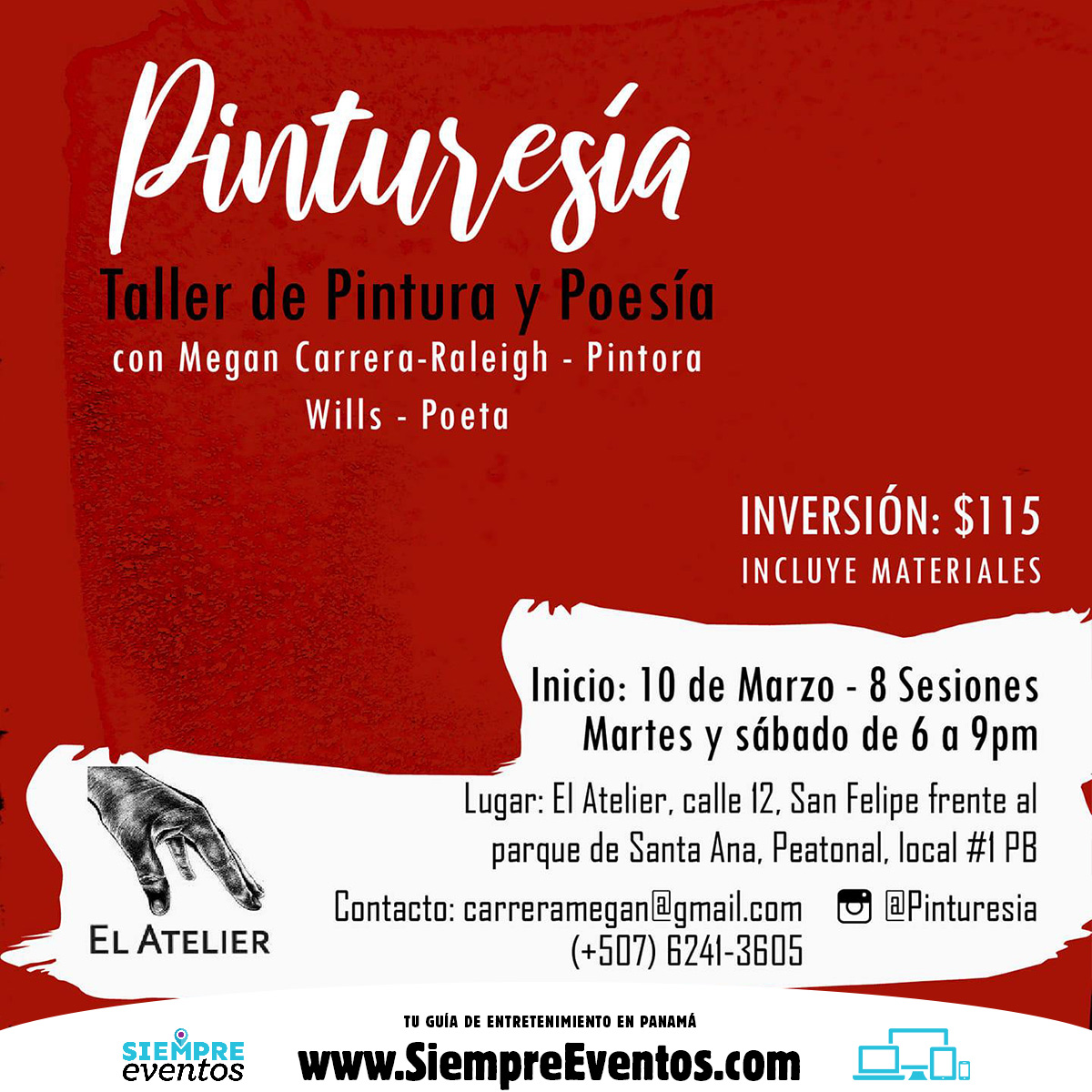 Taller De Pintura y Poesía, donde formaras parte de un ciclo de 3 actividades. La inscripción es para mayores de 17 años.
.
Más detalles en nuestra página web: siempreeventos.com/es
.
.
#panamá#agendapty#culturapty#pintura#taller#poesía#actividades#expresión#distracción