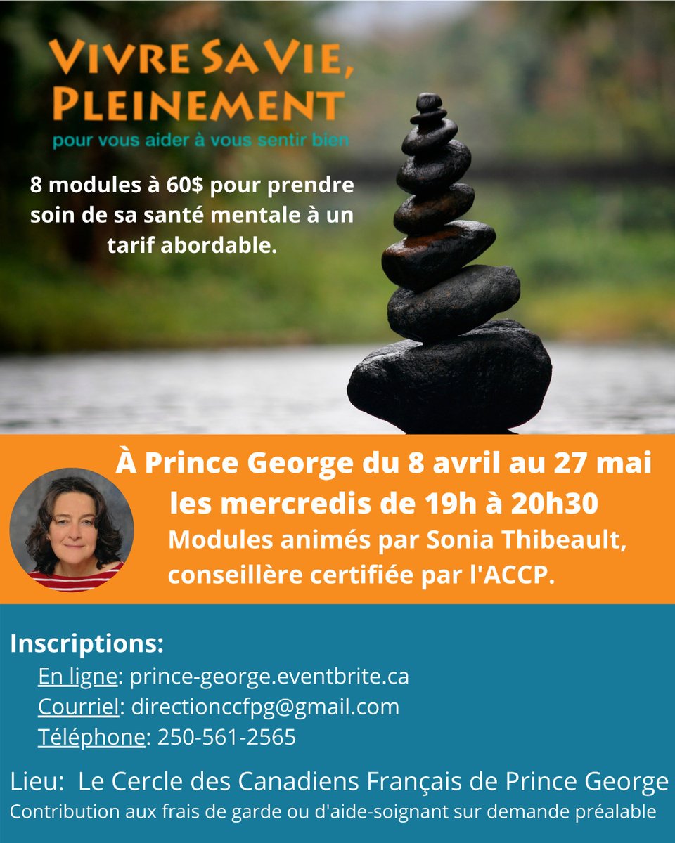 Apprenez à faire face aux situations difficiles grâce au programme Vivre sa vie Pleinement, avec <a href="/resosante/">RésoSanté</a> et <a href="/CMHA_NTL/">CMHA National</a> : programme complet à 60$. Participation aux frais de garde sur demande!

prince-george.eventbrite.ca