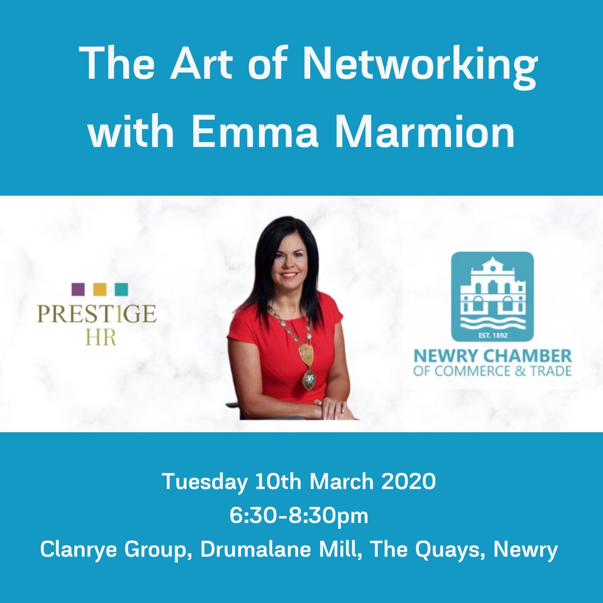 Only 5 tickets left for our Art of Networking Event with Emma Marmion, President of <a href="/NewryChamber/">Newry Chamber</a> and Founder and Manager of @prestigenewry this evening.

We are also hosting a quick March meeting afterwards so if you’ve ever wondered about NJC, guests are welcome to join us.