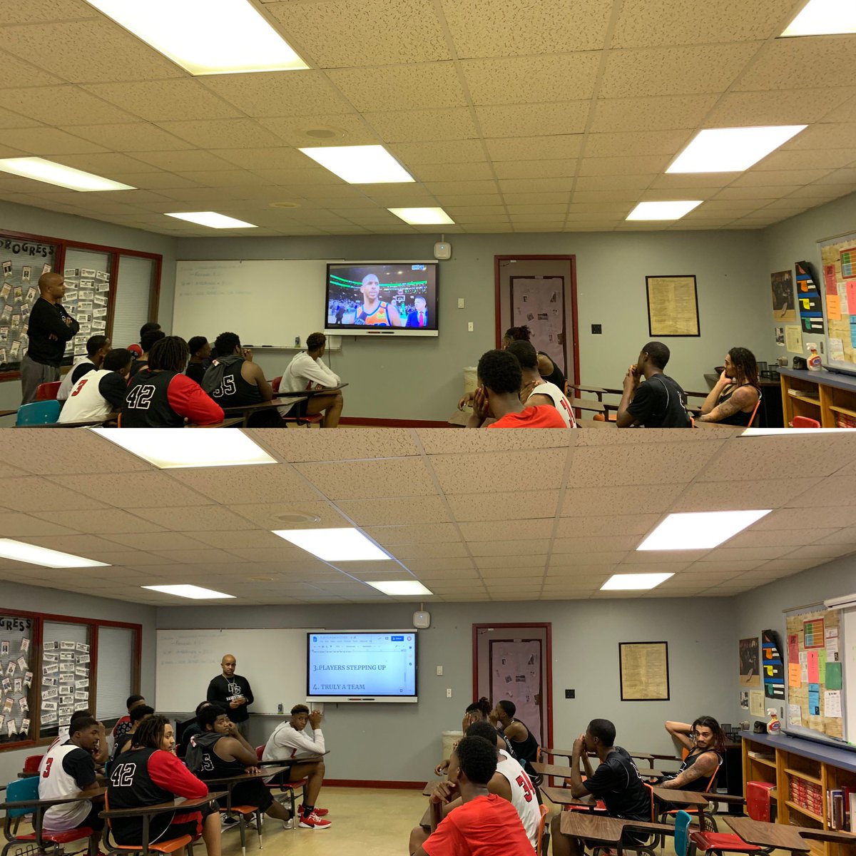 coachwhitmer's tweet photo. Our leader @CoachHatchett delivering another great message on Mental Monday! #Play4EachOther #clockin #makeyourbed #mabeeINmarch #goldballchasing 🦅🏀🦅💪🦅🏀🦅 https://t.co/CXEswClQBu