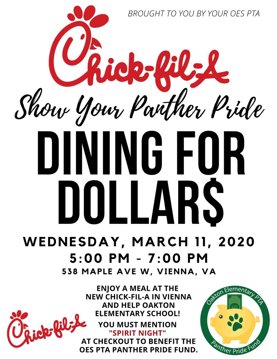 Tomorrow! Tomorrow! Our VERY FIRST Dining for Dollars at the NEW Chick-fil-A in Vienna is TOMORROW! Please join us and mention "Spirit Night" at checkout to benefit the OES PTA Panther Pride Fund!