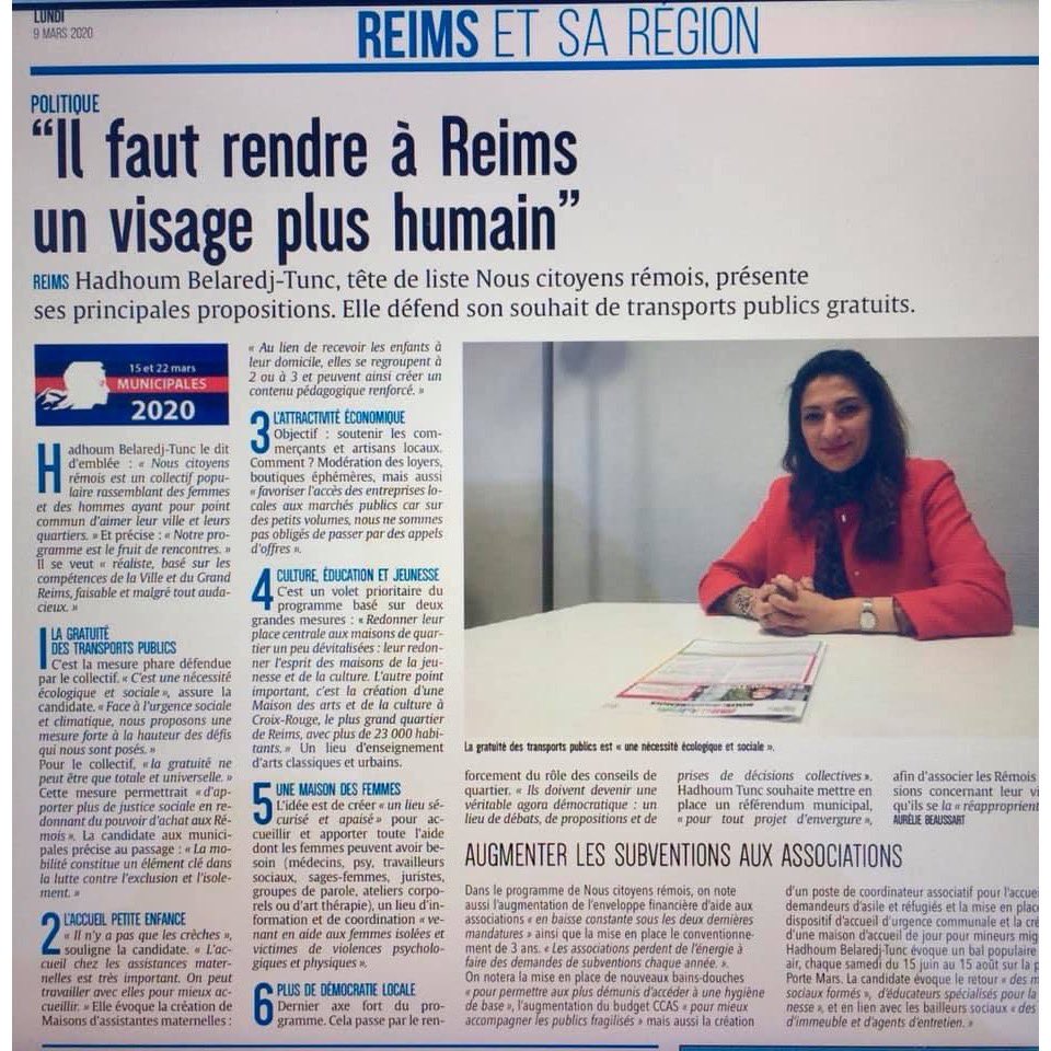 NCR_2020's tweet photo. ✅MUNICIPALES REIMS 2020

Présentation de notre projet pour les rémoises et les rémois dans le journal l’Union du jour.
Solidarités, écologie, gratuité des transports, Maison des femmes, accueil petite enfance...
Un projet humaniste pour rendre à un Reims un visage humain. https://t.co/s826ajLJXV