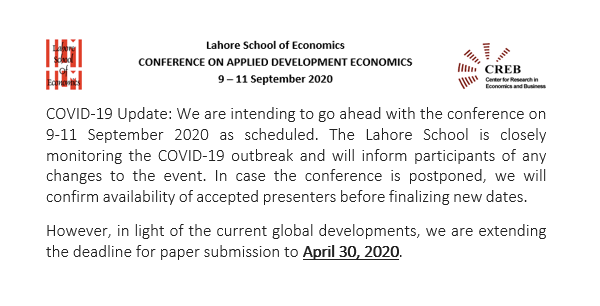 CREB_Pak's tweet image. #ADE2020: COVID-19 Update and extension of submission deadline
The deadline for paper submission has been extended to April 30, 2020. Submit papers using this form: hypr.ink/ADE2020 
#DevEcon #PakThink @_farahsaid  @_HamnaAhmed @waqarwadho @Sadia_Huss @econ_conf