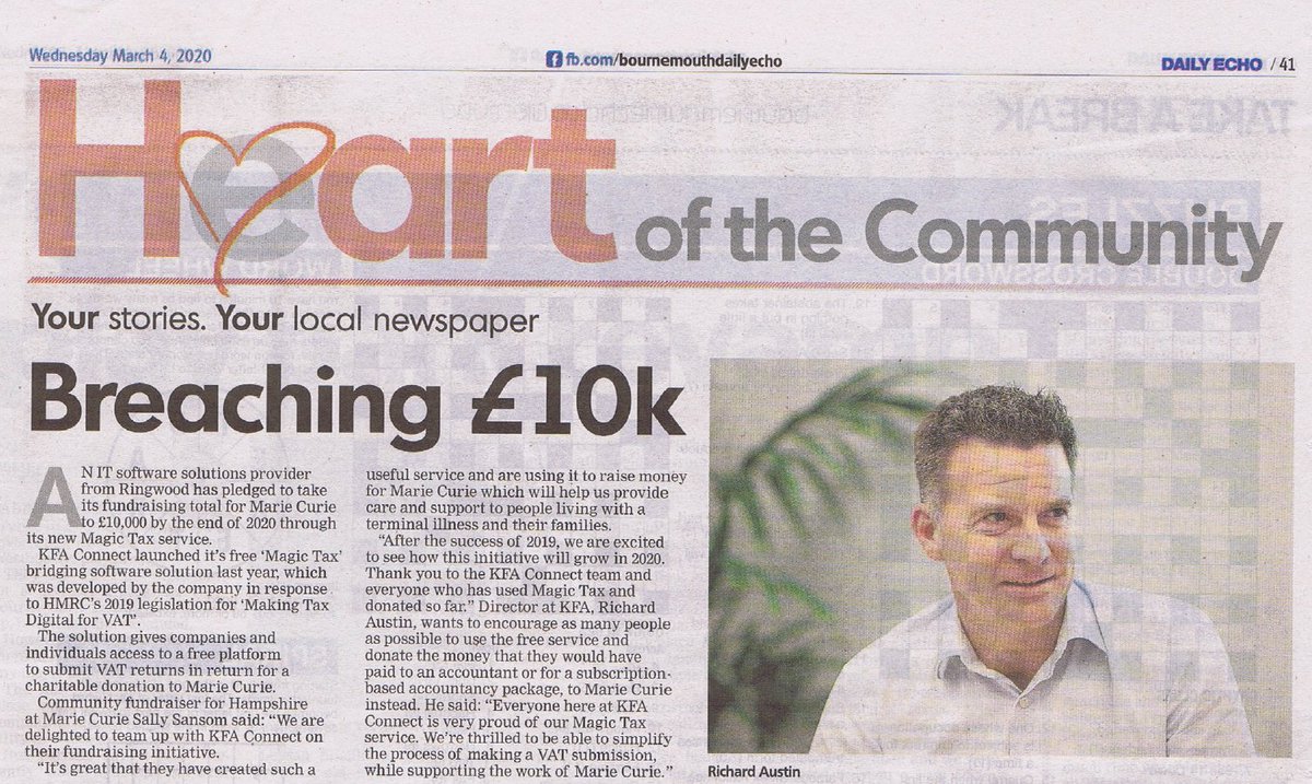 KFAConnect's tweet photo. Need a solution to MTD for vat for your business? Magic Tax is FREE and raising money for @mariecurieuk. Read more about Magic Tax in the recent @Bournemouthecho article here https://t.co/fRl9P7tJAk
#charitytuesday #FREEsoftware #fundraising #bridgingsoftware #HMRC #MTD https://t.co/WFbHGByctm