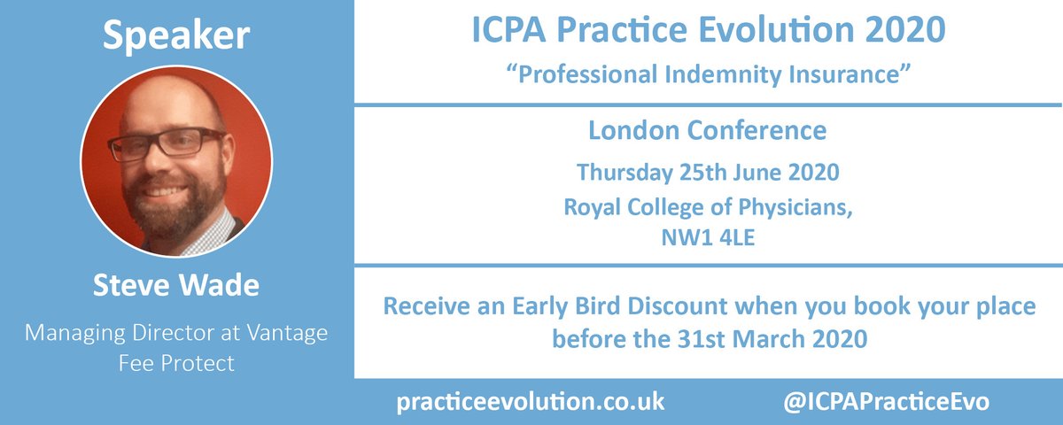 Steve Wade from @VantageProtect will be speaking at Practice Evolution 2020 with his presentation on "Professional Indemnity Insurance." Don't forget to book your tickets! #London #PracticeEvolution ow.ly/a26K30q8pBt