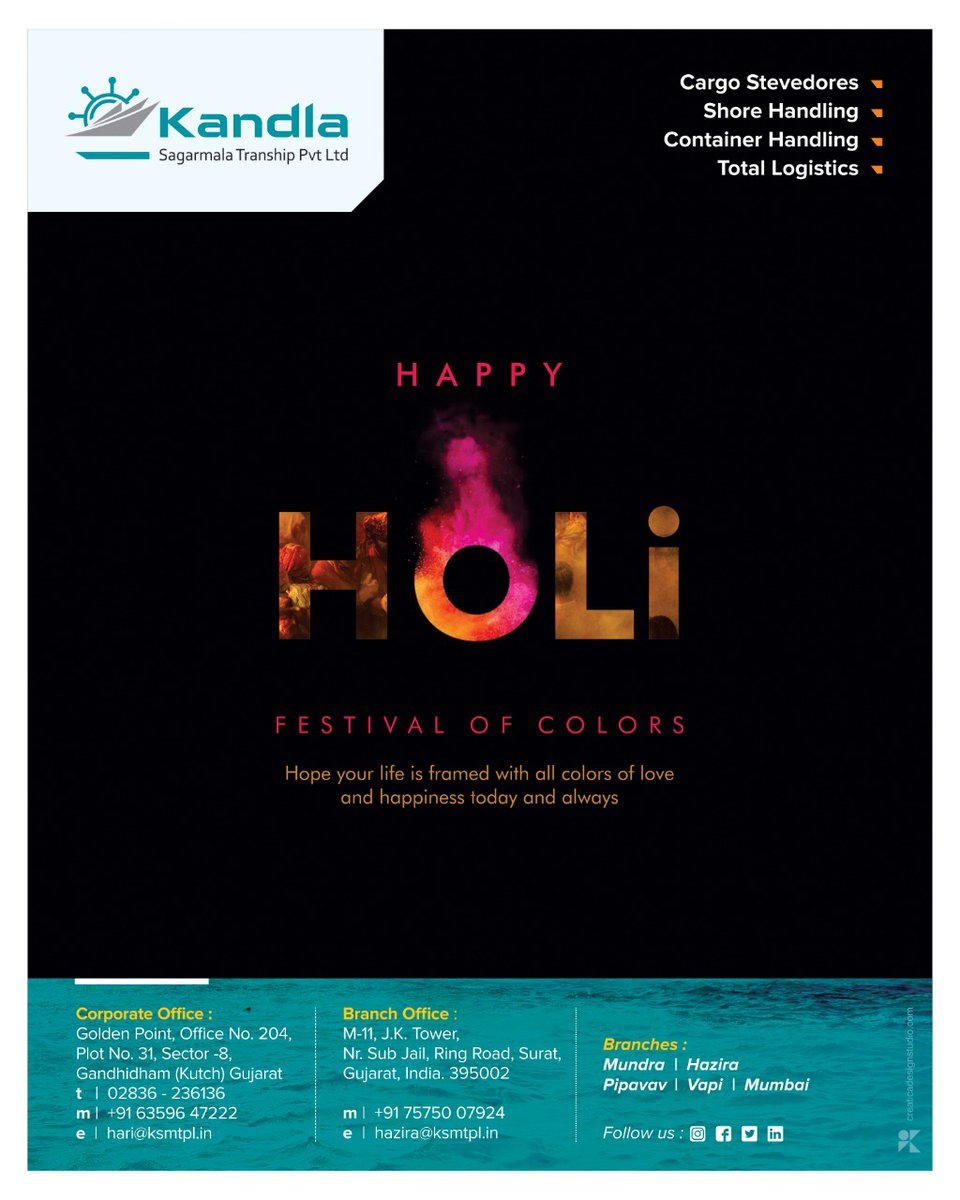 KandlaLtd's tweet photo. Hope your life is framed with all colors of love and happiness today and always!!
Happy Holi!!
#FestivalOfColors #HappyHoli   #Festival #Holi  #KandlaSagarmala #Kandla #Tranship #CargoStevedores #shorehandling #ContainerHandling #TotalLogistics #Gandhidham #Gujarat #surat #India https://t.co/whwW0Ge2yI