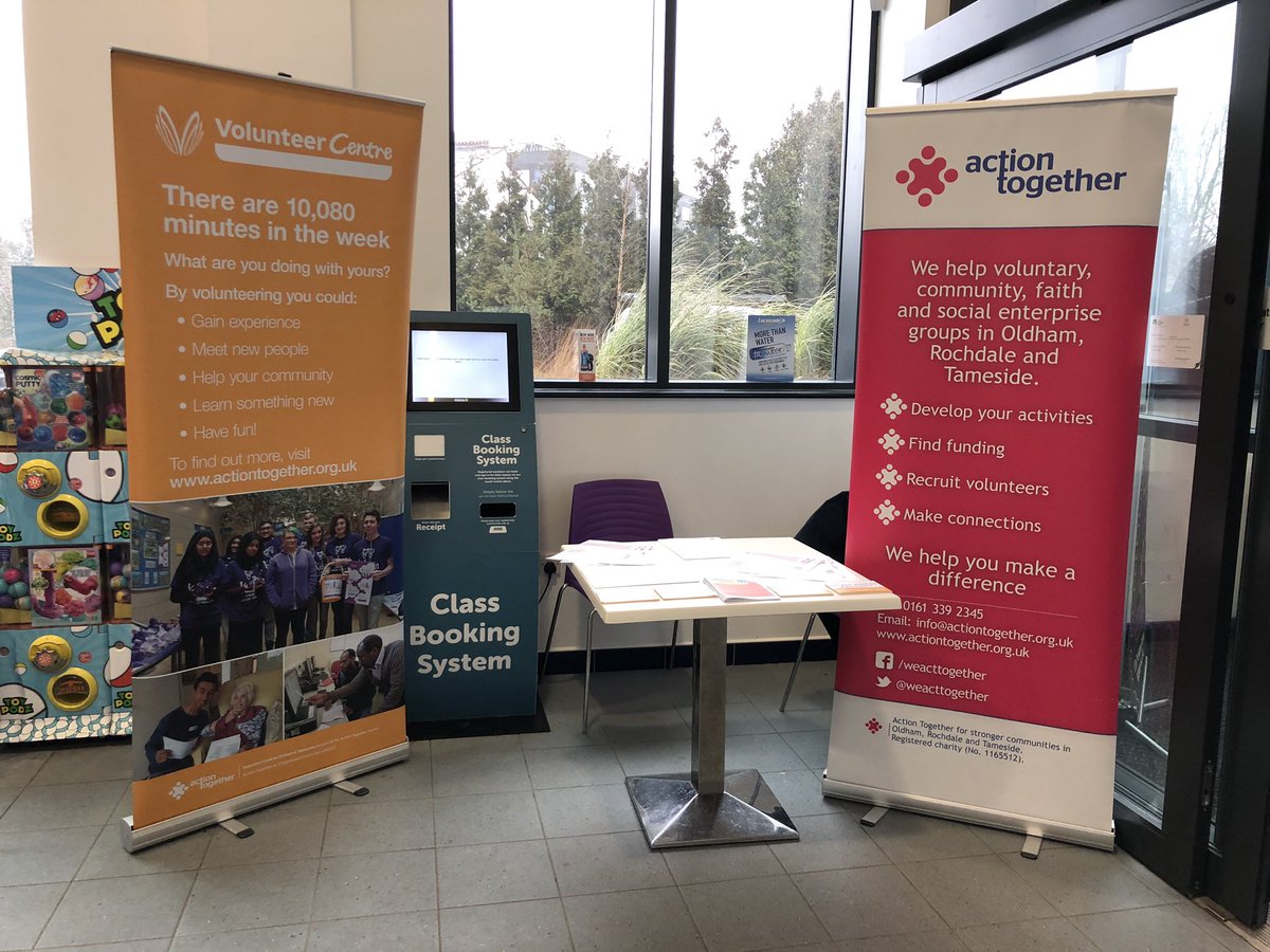 We are at <a href="/OCLactive/">Poc By Matrixm</a>, Oldham Leisure Centre, 10.30am to 2.00pm today. Come  and have a chat if you are in the area where we are promoting #volunteering #getactive #makenewfriends or you can call us on 0161 339 2345  or e-mail us at volunteering@actiontogether.org.uk