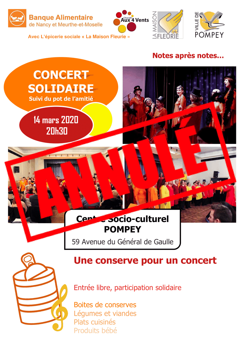 🚩 ANNULATION CONCERT 🚩

Suite, aux événements actuels liés au Coronavirus, nous sommes désolés de vous annoncer l’annulation du concert de la Chorale Aux 4 vents qui était prévu ce Samedi.

Nous nous excusons de la gêne occasionnée et vous souhaitons une bonne journée. 🧡