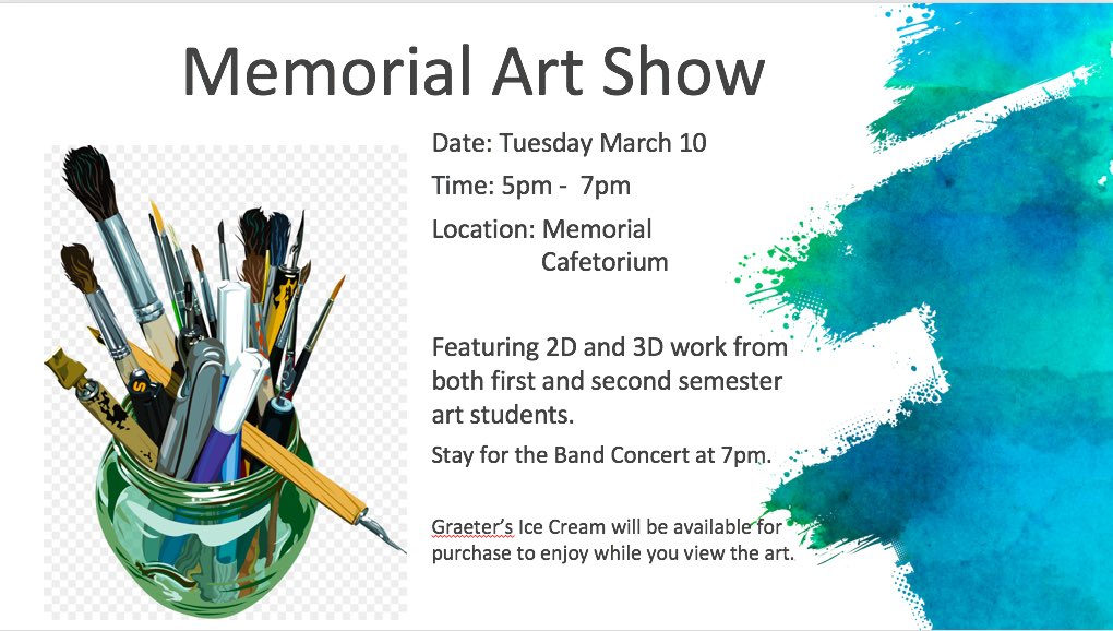 Reminder... Art Show THIS evening! Hope to see you there! <a href="/memorial_ms/">Memorial M.S.</a>