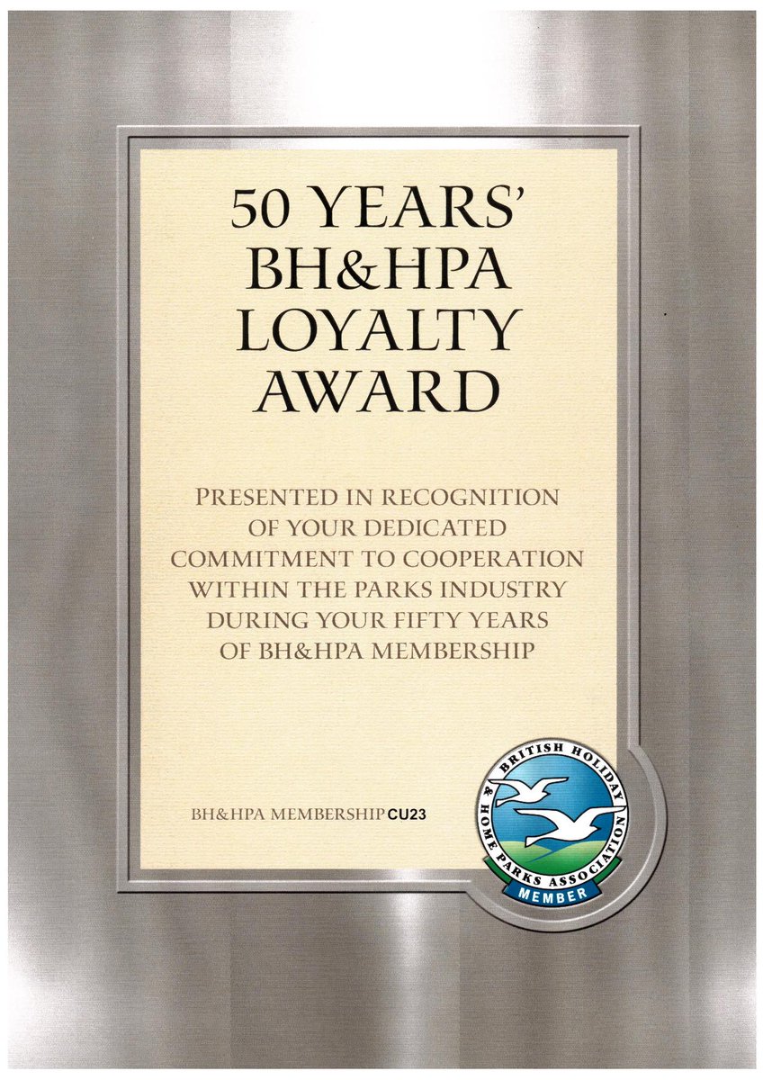 <a href="/LonglandsPark/">Longlands</a> and <a href="/opwholidaypark/">Old Park Wood</a> have been recognised as one of the longest members of the @BHHPA 

We were recently awarded this certificate for our 50 years' of loyalty!

#BHHPA