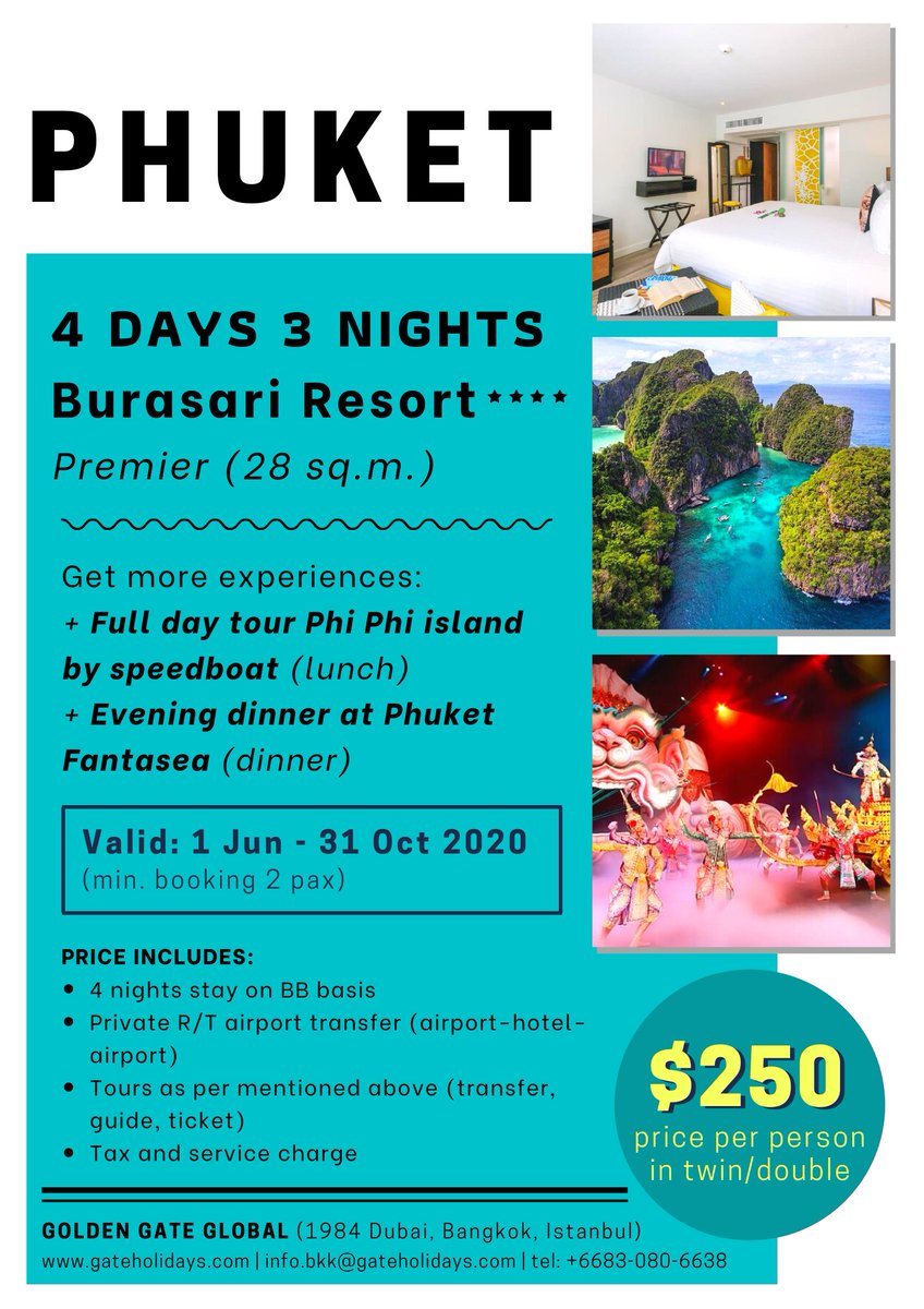 gateholidays's tweet photo. 4 Days 3 Nights in Phuket, Thailand
Stay at 5-stars modern resort in downtown of Patong area
Validity: 1 Jun - 31 Oct 2020

Contact: info.bkk@gateholidays.com
Website: https://t.co/F04t2Sy5Qb
(FOR AGENT PARTNER ONLY)
#phuket #thailand #travel #package #leisure https://t.co/R26ayGGyGL