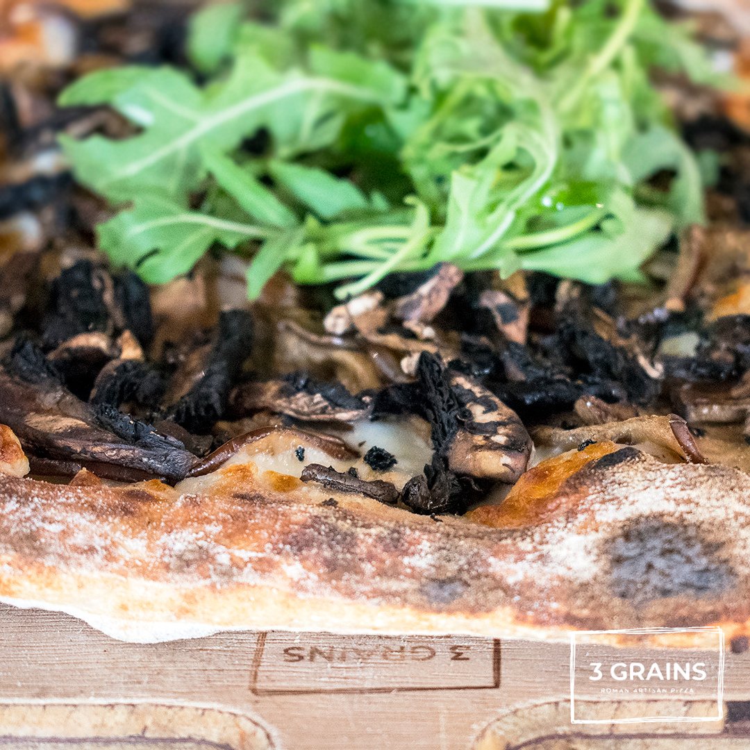 3GrainsPizza's tweet photo. More than just an eggplant pizza, our 'Melanzane' brings together  roasted eggplant, fior di latte cheese, mushrooms, rocket &amp; truffle oil to really deliver on taste! #healthypizza #3grainspizza #romanartisanpizza #dodifferentdo3grains https://t.co/GeEAZfuRCU