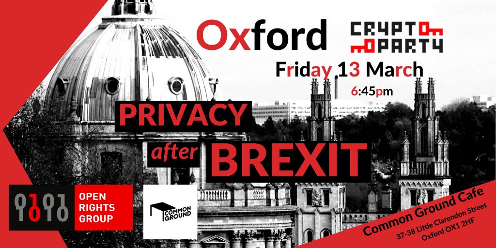 Check out the great lineup we have for the next Oxford CryptoParty on Friday! From threat modelling &amp; the philosophy behind privacy to police surveillance &amp; the effects of digital trade on data protection, it’s sure to be a lively evening. <a href="/CryptoPartyOX/">CryptoPartyOX</a> cryptoparty.in/oxford
