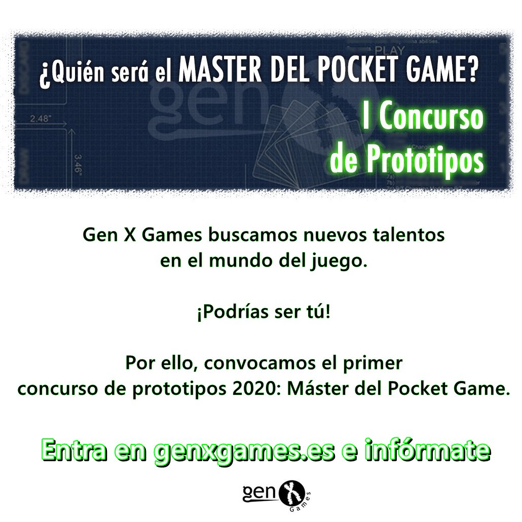 GenXGamesSpain's tweet photo. ¡Continúa el primer concurso de prototipos de Gen X Games! En Gen X Games buscamos nuevos talentos en el mundo del juego (¡podrías ser tú!) y convocamos el "Máster del Pocket Game". 

¿ #Jugamos?
🌐 Más información en: https://t.co/Mg3Y6F7hiy
#GenXGames #Boardgames #JuegosDeMesa https://t.co/F1TQCZvxKi