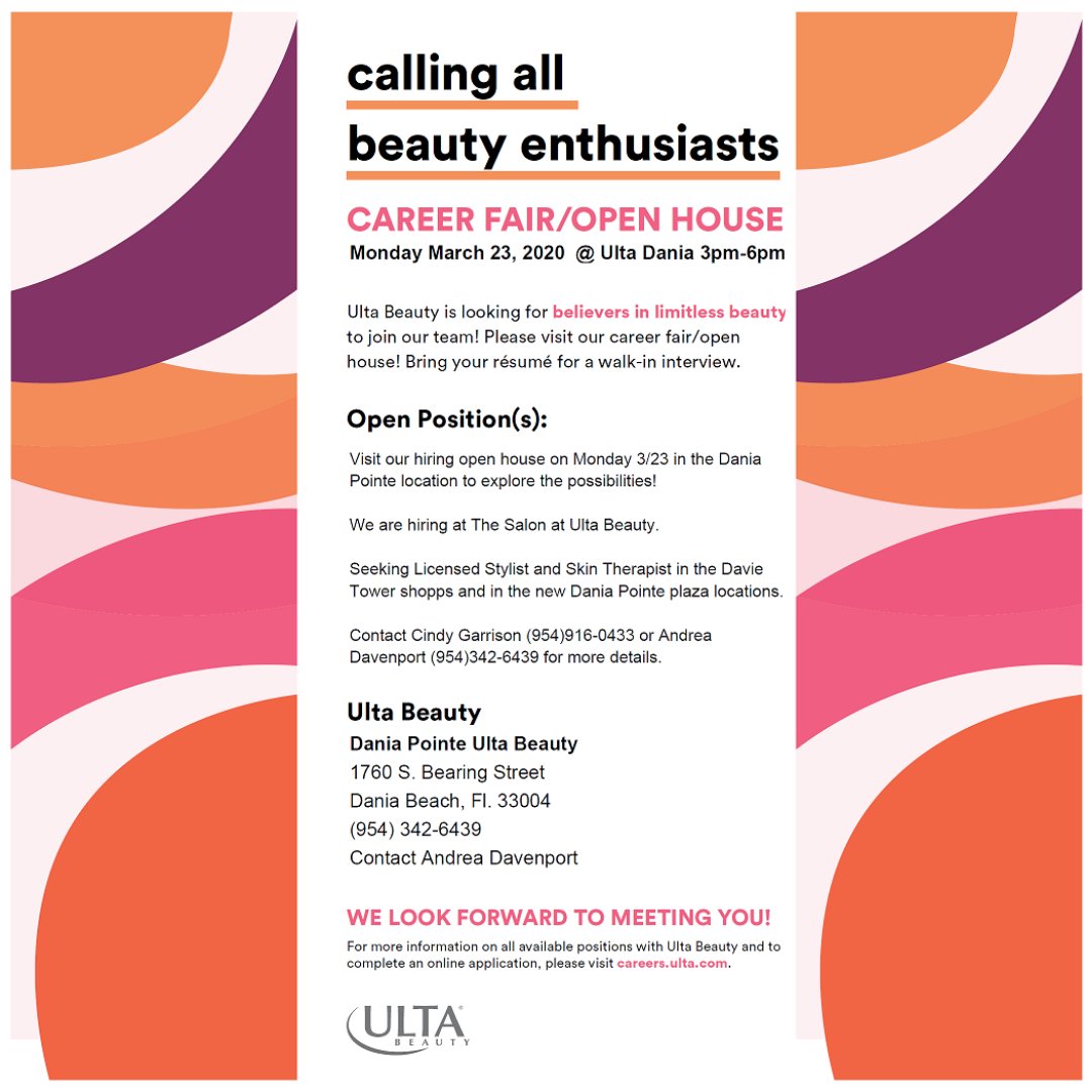 DaniaBeachCRA's tweet photo. Calling All Beauty Enthusiasts, Ulta Beauty at Dania Pointe is having a Career Fair/ Open House on 3/23 from 3-6PM. 

Bring your resume for a walk-in interview or call Andrea Davenport at 954-342-6439 for more info.

Ulta Beauty
1760 S. Bearing St
#DaniaBeach
#NowHiring #Jobs https://t.co/xTu2WopC9w