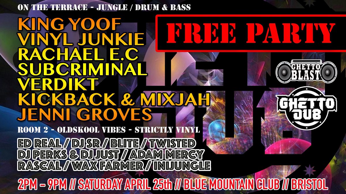 📻Back on Terrace 2020 ~ <a href="/ghettodub_uk/">Ghetto Dub</a> V #GhettoBlastt Free Party at <a href="/1BlueMountain1/">Mountain Events Bristol</a> #Bristol - 25.04.20. 

🔥 With <a href="/Kingyoof/">Celestia Drops</a> - <a href="/djvinyljunkie/">Vinyl Junkie</a> - <a href="/DJRachEC/">Rachael E.C</a> - <a href="/Garethkickback/">Kickback - X-AMNT</a> &amp; <a href="/djmixjah/">djmixjah</a> - <a href="/DjTwisted2011/">Dj Twisted</a> &amp; more...

Event: facebook.com/events/7350474…