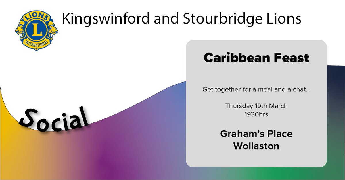 Our next members social event is on the 19th March and will take in the Caribbean Feast at Graham's Place in Wollaston.

Look forward to seeing you all there!