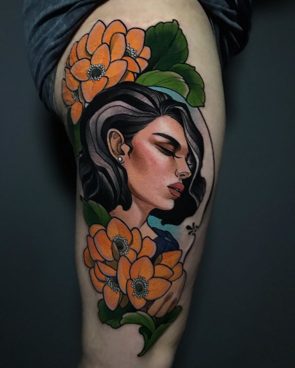 CandDLondon's tweet photo. Leg piece from Jack's flash - To see more work visit @goksisdead via instagram. #tattoo #tattooflash #neotraditional #londontattoo #flowers https://t.co/Pt9c6lpMYM