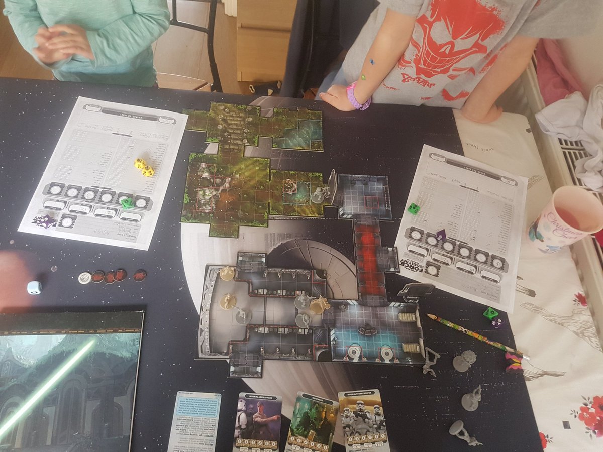 DRoleplaying's tweet photo. First time roleplaying with the kids. Playing @FFGames #SWRPG #ForceAndDestiny with my girls aged 4 and 7. Let loved rolling the handfuls of narrative dice and coming up with ideas for triumph and advantage. Using #ImperialAssault models and tiles for visual reference. https://t.co/QpaNusxdc4