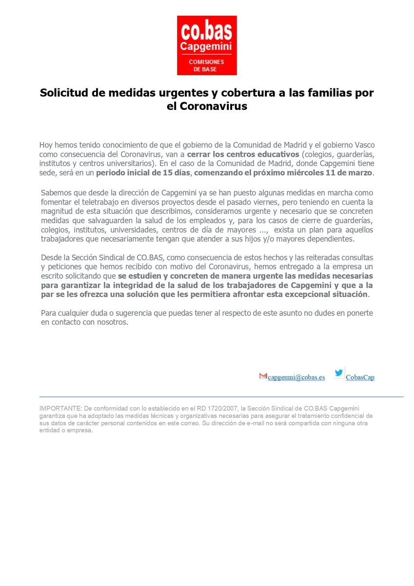 COMUNICADO:  Solicitud de medidas urgentes y cobertura a las familias por el Coronavirus en <a href="/Capgemini_ES/">capgemini_es</a> 
<a href="/CobasTIC/">Co.bas TIC</a>  <a href="/CoBas_MADRID/">Co.Bas MADRID</a> <a href="/cobasindraorg/">co.bas en Indra</a> <a href="/CobasAltran/">cobas.altran.madrid</a> @cobas_