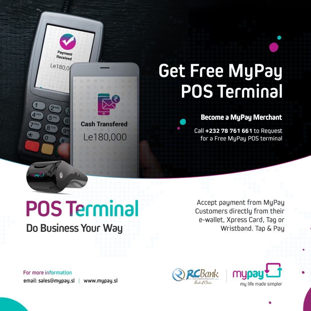 Mypay_SL's tweet photo. Become a MyPay Merchant and accept payment from MyPay customers directly from their E-Wallets and Xpress Cards. Get a MyPay POS Terminal for FREE!!! Doing business your way, with MyPay. Call +23278  761 661 NOW!!!

#MyPaySL #SierraLeone #SaloneTwitter https://t.co/KRSCQZg6tS
