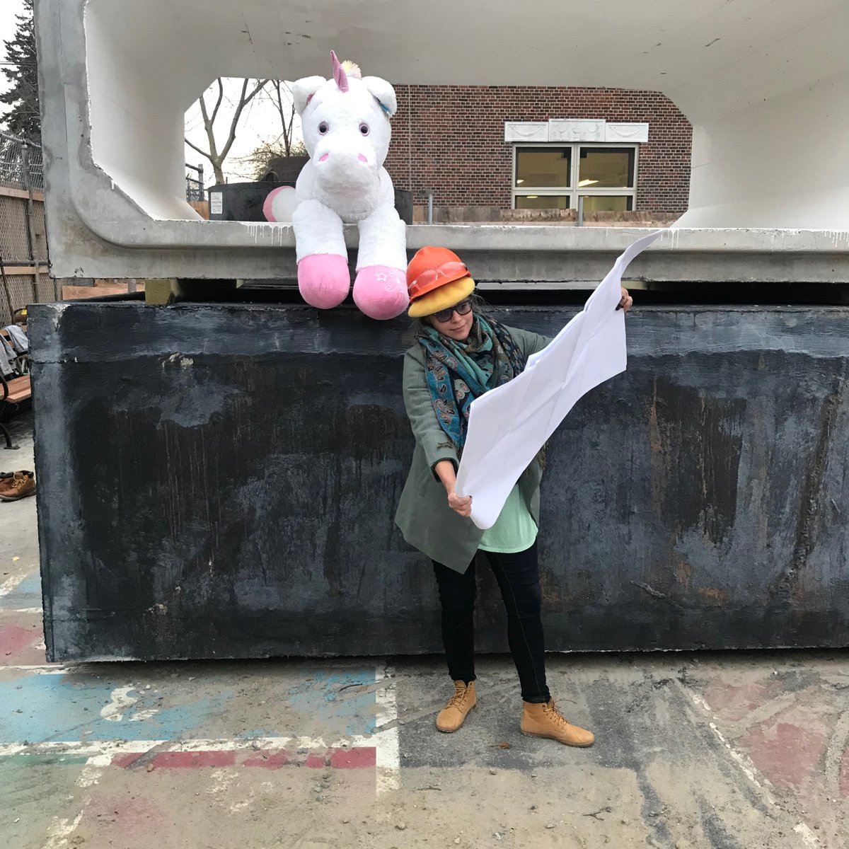 LitehouseBuild's tweet photo. Do not go chasing unicorns! Instead, employ them as Construction Managers. In the picture “Sparkly” is helping PM Melissa Mohammed with the detention tank layout 🦄 https://t.co/ToVglp17kX