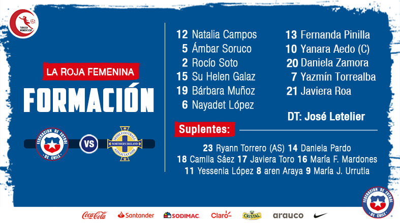 LaRoja's tweet photo. ¡Formación confirmada de #LaRojaFemenina! 🇨🇱
Estas son las 11 elegidas por José Letelier para enfrentar a Irlanda del Norte, en la Turkish Women’s Cup. 🏆

🕗 Hoy 09:00 hrs.
🏟Goldcity Sport Complex
¡#VamosChile! 💪

#formación #titulares #convocadas #selección #torneo #turquia https://t.co/a8NFlhKEQo