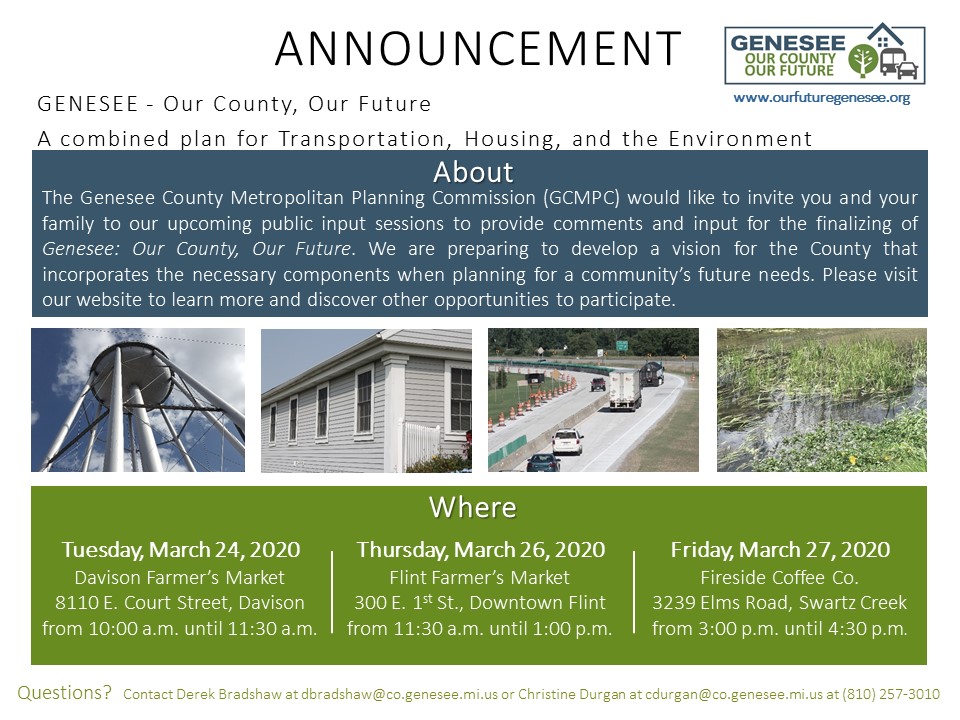 GCPlanning's tweet image. GCMPC will be hosting three public input sessions to receive comments and recommendations for finalizing the Genesee: Our County, Our Future Plan during the last week of March. We would love to see you there! Click on the image below for details on each of the locations.