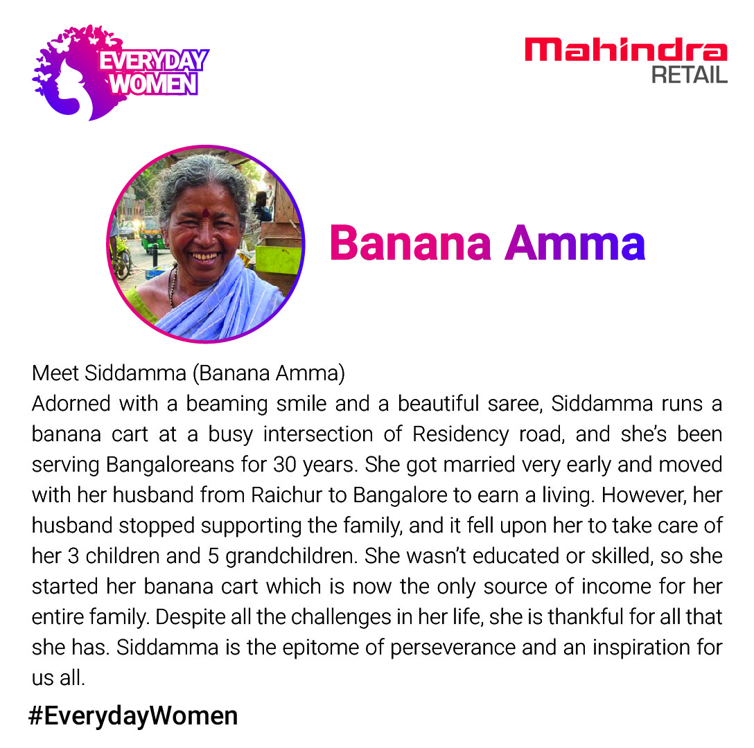 Mahindra_Retail's tweet photo. Story#2
Here's introducing our dear Banana Amma (Siddamma). Her story is not just inspirational but exceptional.
Know of any more #EverydayWomen with extraordinary stories? Please DM us and we will feature them.

#EverydayWomen #WomenStories https://t.co/PFYO9RmPYh