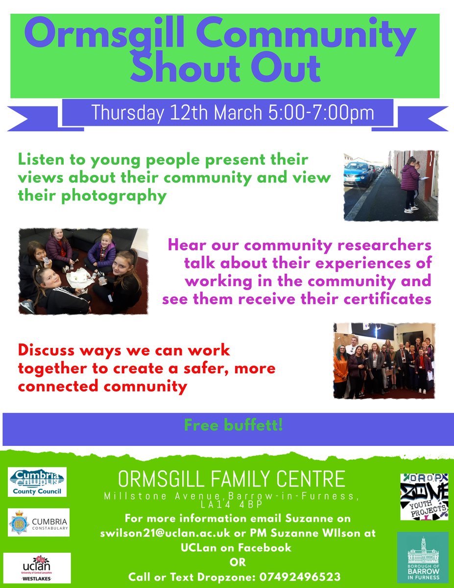 Can't wait for our Ormsgill Community Shout Out this Thursday! This is a free public event, everyone welcome! <a href="/UCLan_TheCCC/">UCLan_TheCCC</a> @UCLanSocialWork @UCLanResearch @dropzone36  <a href="/SamPlum4/">Sam Plum</a>  <a href="/barrowpolice/">Barrow Police</a>  <a href="/BarrowCouncil/">Barrow Borough Council</a>  <a href="/CumbriaCC/">Cumbria County Council</a>  @CumbriaCiP
