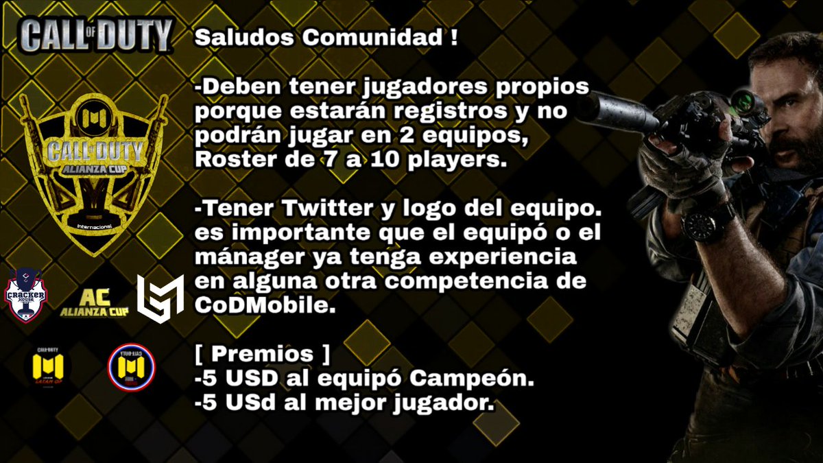 AlianzaCup's tweet photo. #CoDMobile AlianzaCup
ABRIMOS INSCRIPCIONES !

[🏆@cup_cod Multijugador ]
(9 equipos inscriptos y 7 cupos disponibles)

[REQUISITOS]
Seguirme y seguir a;
@CrackerCup 
@J_M1738 
Dar RT y fav.

[Mandar requisitos Contáctanos MD📩] https://t.co/54dZsCVgHX