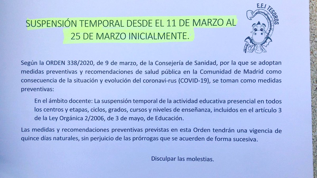 AMPAeeiTesoros's tweet photo. 🚨SUSPENSIÓN TEMPORAL DE CLASES DESDE EL 11 DE MARZO AL 25 DE MARZO (INICIALMENTE)🚨 https://t.co/C9e1G3XNuj