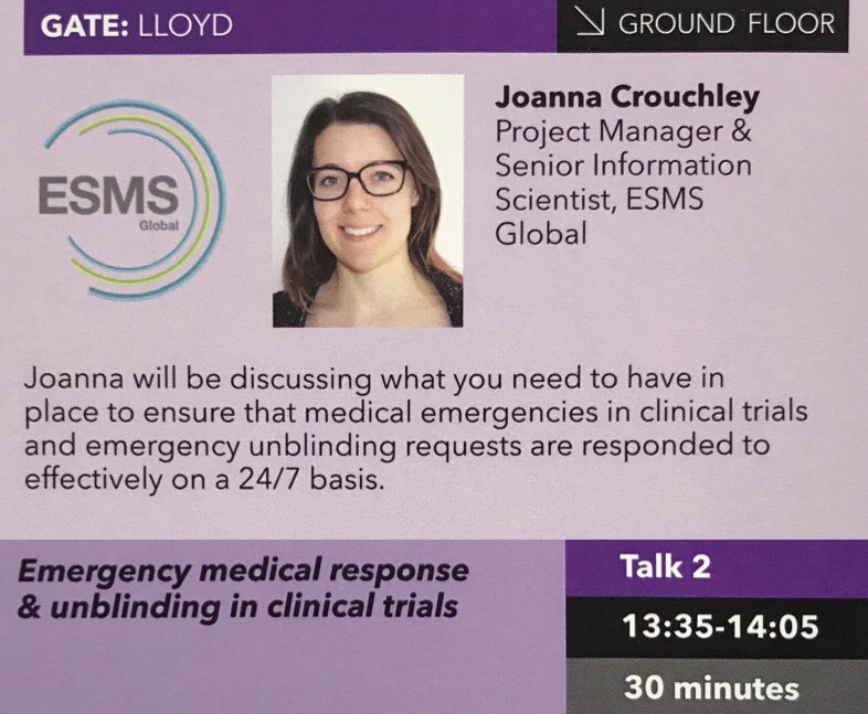 After lunch, come and listen to Joanna Crouchley discussing what you need to have in place to ensure that medical emergencies in Clinical Trials and emergency unblinding requests are responded to effectively on a 24/7 basis. 
#EDGEConf2020