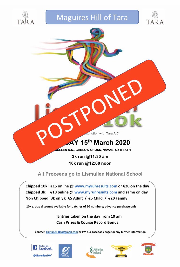 Lismullen10k's tweet photo. Unfortunately due to the Covid-19 measures introduced across the country and with the interests of the school community and all participants our key priority the Lismullen 3K &amp; 10K scheduled this Sunday has sadly been postponed. Further contact will be made with online entries https://t.co/VHCWLpinCE