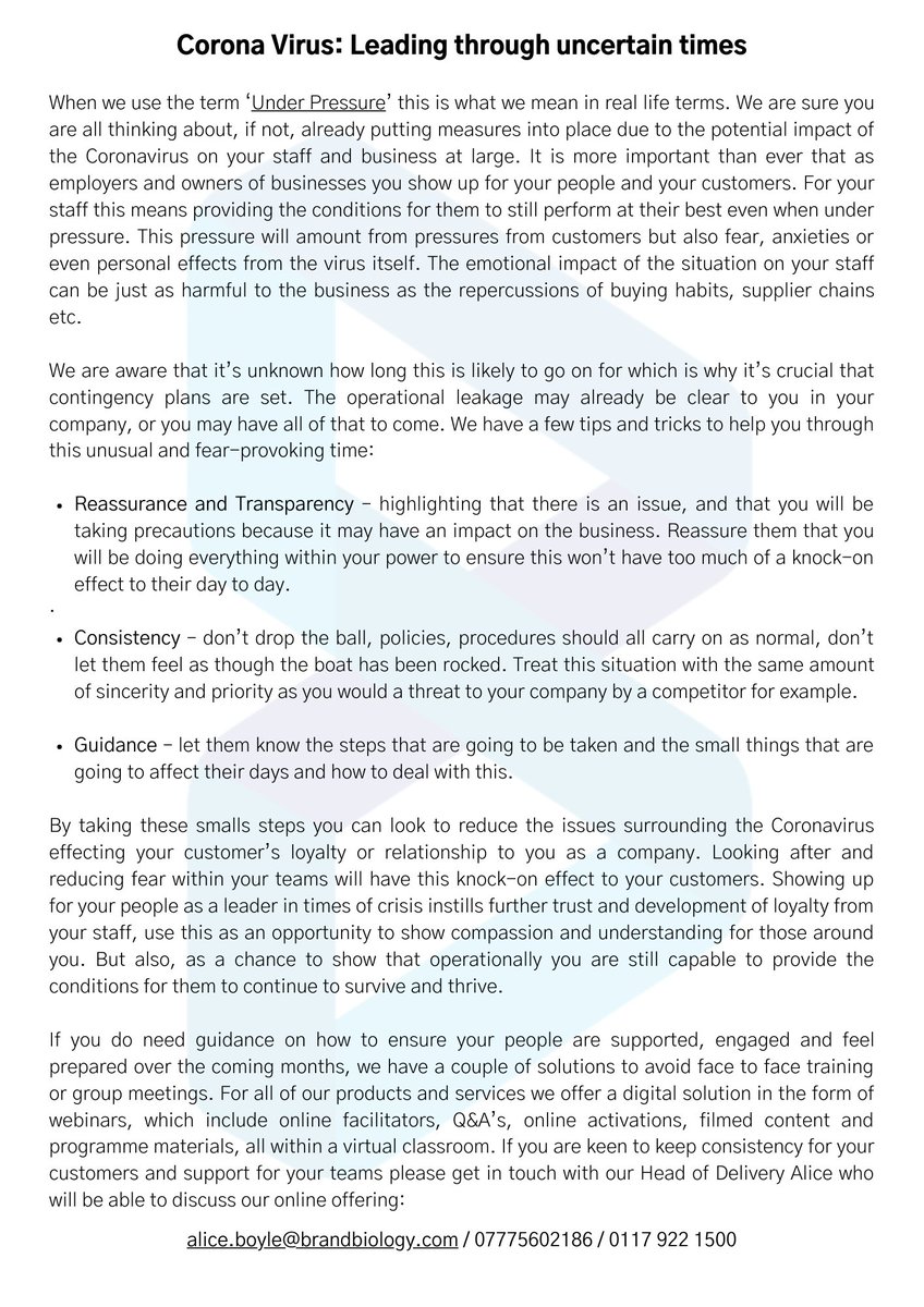 We wanted to draw attention to the issue of operational leakage &amp; fear around the #CoronavirusOutbreak CoronaVirus. Here are our tips and what we suggest as we move forwards into uncertain times, where undoubtedly business will feel the effects.

 #leadingbyexample #underpressure