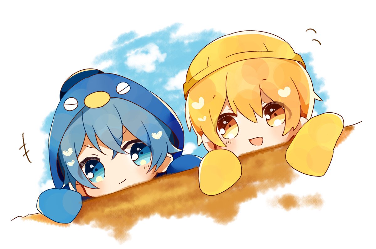 blue hair blue eyes blonde hair smile 2boys yellow eyes multiple boys  illustration images