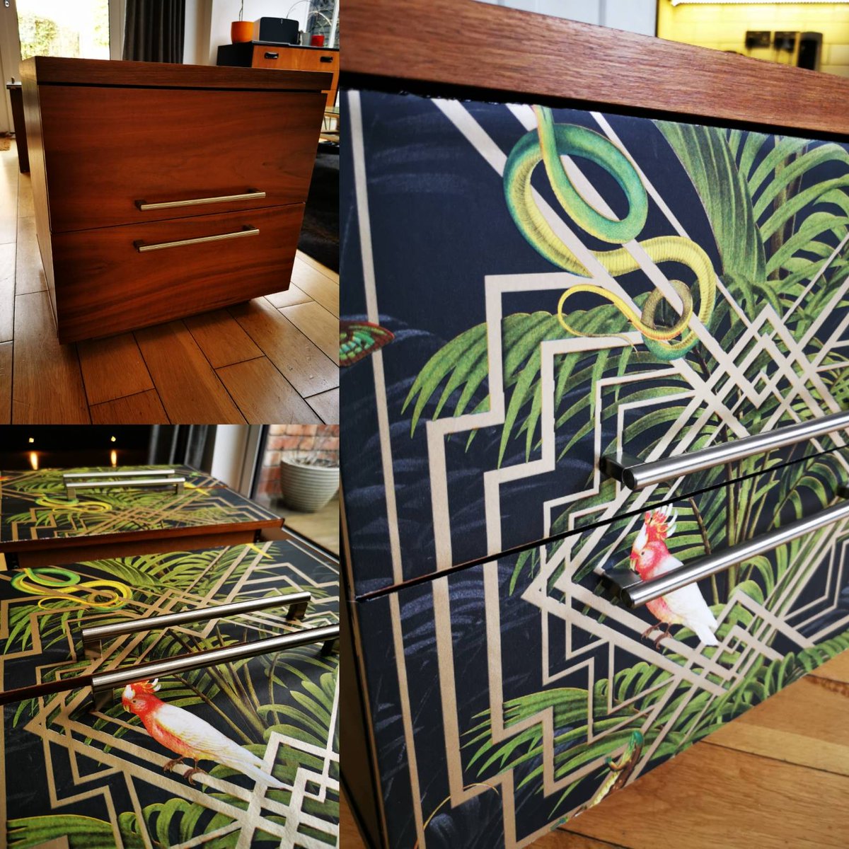 EH_DesignNotts's tweet photo. #revamp #updating old bedside tables adding colour and style, #fancypants wallpaper and black paint, just awaiting new legs. #bespoke #banthebeige #upcycling #interiorstyling #residential #nottingham #interiordesign https://t.co/EgeYewGdrp