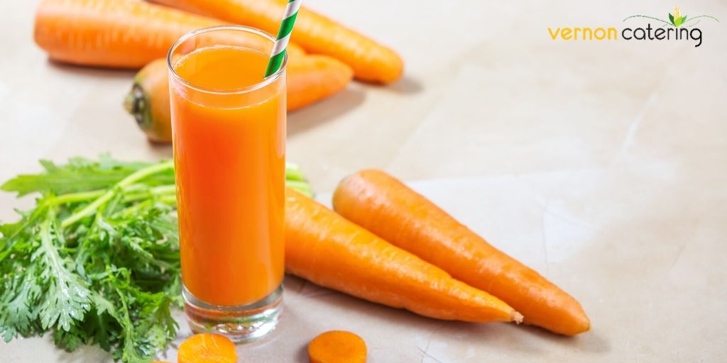 Carrots are an excellent source of vitamins, nutrients, and fiber. Drinking carrot juice is an easy way to add carrots to your diet. #VernonCatering #CarrotJuice